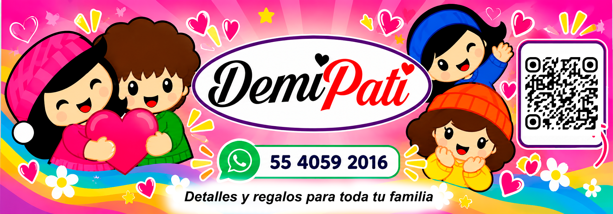 Personajes originales de DemiPati, logo y datos de contacto